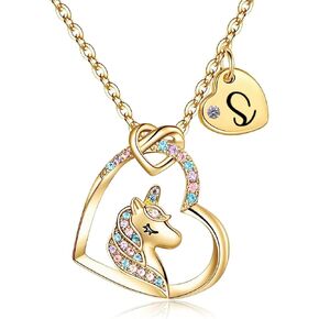 Christmas Gifts for Girls. Unicorn Necklace for Girls. 18K Gold/White Gold Girls Jewelry. Unicorn Gifts for Girls with Initial Letter Heart Pendant. Ideal Birthday or Christmas Gifts.