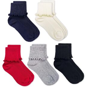 Jefferies Socks Girls' Ripple Ruffle Trim Seamless Turn Cuff Crew Socks 5 Pack