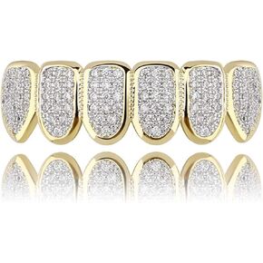 JINAO Grillz Grills for Your Teeth Simulated Diamond Teeth Grillz with Extra Molding Bars Included 18K Gold Plated All Iced Out Cubic Zirconia Golden Teeth for Men Women