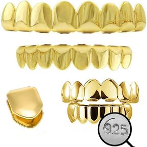 Solid 925 Sterling Silver Grillz - 14K Yellow Gold Finish - 6 Or 8 Tooth Or Single Caps/Top & Bottom Grills For Teeth - Real Solid Silver Fronts Don't Change Color
