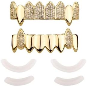 18K Gold Plated Vampire Fangs Teeth Caps Iced Out CZ Top and Bottom Vampire Fangs Grillz with Diamonds for men