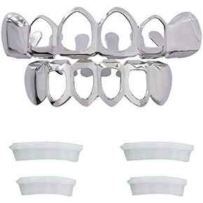 Open Face Grillz Teeth 24k Gold Grillz Plated Caps New Custom Fit Top & Bottom Grill Set for Kids + Extra Molding Bars + Microfiber Cloth