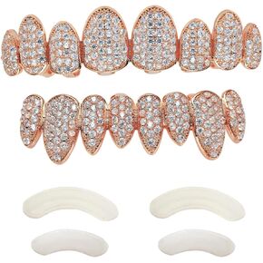 Gold Grillz Iced Out CZ Diamond Top & Bottom Set Grill 24K Gold Plated Macro Pave Teeth Grills - Extra Molding Bars Included + Storage Case + Microfiber Cloth