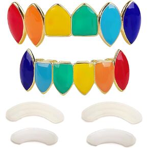 69 Gold Grillz Rainbow Style Like Tekashi69 Set 24K Plated Gold Teeth Grillz for Men + Storage Case + Microfiber Cloth