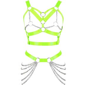 Body Chain Harness for Women Lingerie Full Cage Chest Strap Garter Punk Goth Stretchy Fabric Halloween Rave (Fluorescent Green)