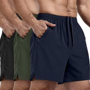 3 Pack Men's Athletic Running Shorts 5 Inch Gym Workout Shorts Quick Dry Active Sports Shorts with Zip Pockets(Black,Navy,Army Green,L)