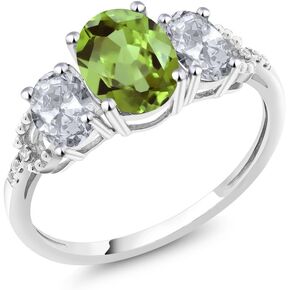 Gem Stone King 10K White Gold Diamond Accent 3-Stone Engagement Ring set with (2.38 Ct) Oval Green Peridot White Topaz