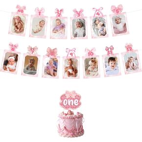 Pink Bow 1st Birthday Photo Banner for Baby Girl from Newborn to 12 Months, 1st Birthday Decorations Girl Monthly Milestones Garland and One Cake Topper | First Birthday Photo Banner with Frames