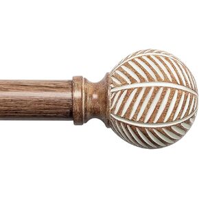 Wood Curtain Rods for Windows: 1 Inch Diameter Adjustable Drapery Rods 48" to 86", Decorative Window Curtain Rods with Imitation Wood Grain Leaf Pattern Finials,Heavy Duty Single Curtain Rods for