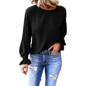 Dokotoo Long Sleeve Shirts for Women 2024 Fashion Fall Ruffle Bubble Sleeve Casual Loose Tops and Blouses