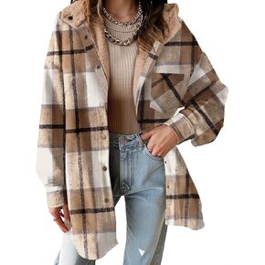 Dokotoo Women's Flannel Hooded Plaid 2024 Shacket Thick Coat Winter Coat for Warmth Button down Warm and Fuzzy Fleece Jacket