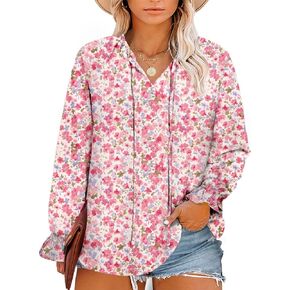 Eytino Women Plus Size Boho Floral Printed Tops Casual V Neck Long Sleeve Drawstring Blouses Shirts(1X-5X)