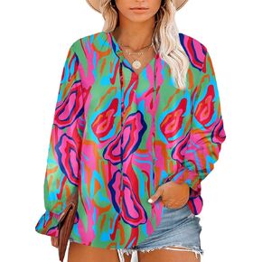Eytino Women Plus Size Boho Floral Printed Tops Casual V Neck Long Sleeve Drawstring Blouses Shirts(1X-5X) in Kuwait