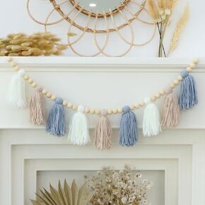 Boho Yarn Tassel Garland Pink Banner with Wood Beads Wall Hanging for Baby Shower Kids Bedroom Nursey Decor