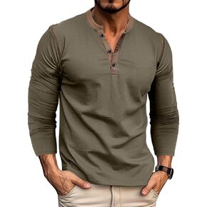 Men's Henley Shirts Classic Casual Basic Tee Shirts Long Sleeve Cotton Button T Shirts