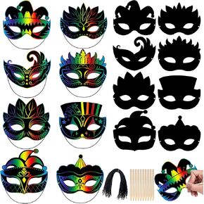 Tlswshsy 48Pcs Mardi Gras Scratch Paper Mask, Masquerade Multicolor Scratch Masks with Wooden Sticks and Elastic Bands, Carnival DIY Mask Craft for Costume Dress up Party Favors