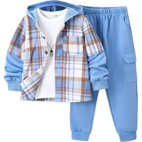 2Pcs Kids Boys Flannel Plaid Shirt Tops Pants Set Hoodie Sweatsuit for Fall Winter Spring Outfits 4-12 Years