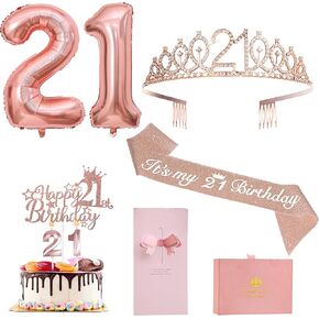 21st Birthday Decorations For Her ZJDZTK,Including Rose Gold 21st Birthday Sash,Crown,Cake Topper,Digital Candles,Balloons Set,Accompanying Birthday Card And Beautiful Gift Box