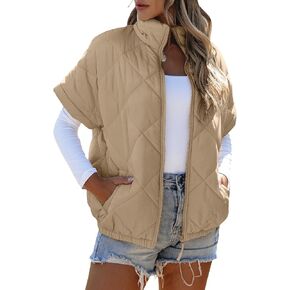 SHEWIN Quilted Jackets For Women 2024 Casual Lightweight Short Sleeve Zip Up Warm Vests