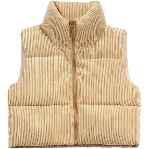 Cropped Puffer Vest Women with Pockets Short Corduroy Vest Sleeveless Stand Collar Padded Puffy Outerwear