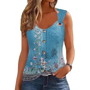 ETCYY Summer Tank Tops for Women 2024 Loose Fit Spring Outfits Lace Striped Tee Button Down Sleeveless T Shirts