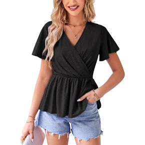 GRACE KARIN 2024 Womens Summer Tops Wrap V Neck Eyelet Top Ruffle Sleeve Peplum Casual T Shirts
