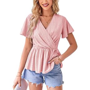 GRACE KARIN 2024 Womens Summer Tops Wrap V Neck Eyelet Top Ruffle Sleeve Peplum Casual T Shirts in Saudi Arabia