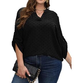 Plus Size Swiss Dot Blouses for Women Casual 3/4 Length Sleeve Tops