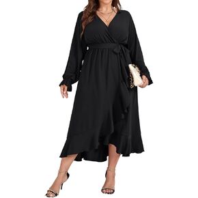 SCOMCHIC Women Plus Size Wedding Guest Maxi Dress Long Sleeve Wrap V Neck High Low Split Ruffle Cocktail Dress with Belt