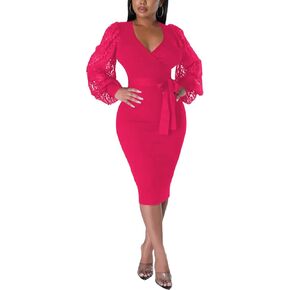 BOGURST Semi Formal Church Dresses for Women Bishop Sleeve Sexy V Neck Bodycon Midi Dresses
