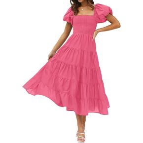 ZESICA Women's Summer Square Neck Short Puff Sleeve Solid Color High Waist Casual Smocked Flowy A Line Tiered Midi Dress