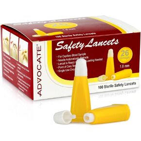 Pressure Activated Safety Lancets - 23G 2.2mm Box of 200 - Advocate Single Use Glucose Testing Lancing Device with Automatic Retractable Needle for Blood Sugar Sampling