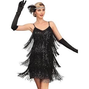 kayamiya Women's Fringe Flapper Dress 1920s V Neck Spaghetti Strap Sequin Party Dress Roaring 20s Great Gatsby Costumes