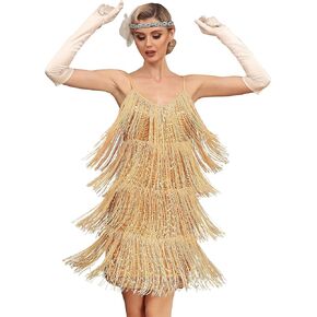 kayamiya Women's Fringe Flapper Dress 1920s V Neck Spaghetti Strap Sequin Party Dress Roaring 20s Great Gatsby Costumes