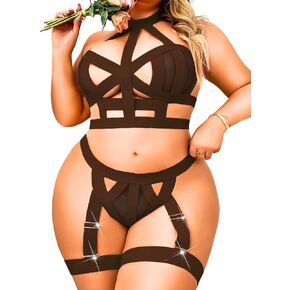 Curvy Lady's Strappy Lingerie For Women, Plus Size Exotic Garter Thong, BBW Halter Gifts For Him 3 Piece Set