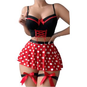 WDIRARA Women's 3 Piece Costume Outfit Contrast Lace Colorblock Bow Front Underwire Maid Lingerie Set