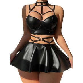 Sexy Strappy Leather Underwire Mini Choker Lingerie Skirts Dress with Thong 3 Piece