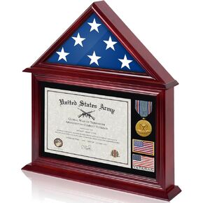 Solid Wood Flag Certificate Display Case Box with HD Tempered Glass Fit Small Folded 3'x5' American Flag(Not for 9.5'x5' Burial Flag), Veteran Military Shadow Box Felt Lining for Badge Medal, Mahogany