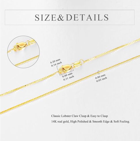 KECHO 0.8mm 14kt Yellow Gold Box-Chain Necklace 14 Inch- 22 Inch in Saudi Arabia