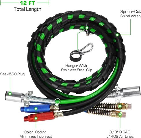 12Ft 3 in 1 ABS & Air Power Line Hose Kit Wrap 7 Way Electrical Cable and Airline Assembly with Glad Hands & Rubber Seals for Semi Trucks Trailer Tractor(Set: Colorful) in Saudi Arabia