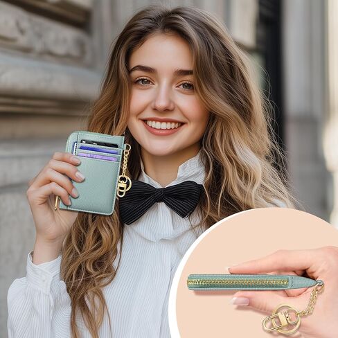 GIANCOMICS Slim Wallet Credit Card Holder Women, Blue Positive Rfid Blocking Small Card Case, Keychain Thin Pocket Curved Zipper Wallet, Travel Card Holder PU Leather ID Window, Ladies Female Gifts in Kuwait