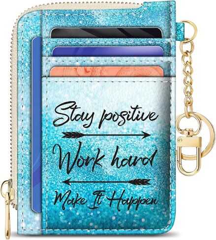 GIANCOMICS Slim Wallet Credit Card Holder Women, Blue Positive Rfid Blocking Small Card Case, Keychain Thin Pocket Curved Zipper Wallet, Travel Card Holder PU Leather ID Window, Ladies Female Gifts in Kuwait