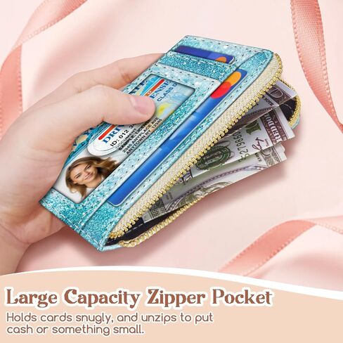 GIANCOMICS Slim Wallet Credit Card Holder Women, Blue Positive Rfid Blocking Small Card Case, Keychain Thin Pocket Curved Zipper Wallet, Travel Card Holder PU Leather ID Window, Ladies Female Gifts in Kuwait