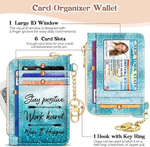 GIANCOMICS Slim Wallet Credit Card Holder Women, Blue Positive Rfid Blocking Small Card Case, Keychain Thin Pocket Curved Zipper Wallet, Travel Card Holder PU Leather ID Window, Ladies Female Gifts in Kuwait