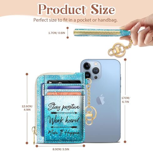 GIANCOMICS Slim Wallet Credit Card Holder Women, Blue Positive Rfid Blocking Small Card Case, Keychain Thin Pocket Curved Zipper Wallet, Travel Card Holder PU Leather ID Window, Ladies Female Gifts in Kuwait