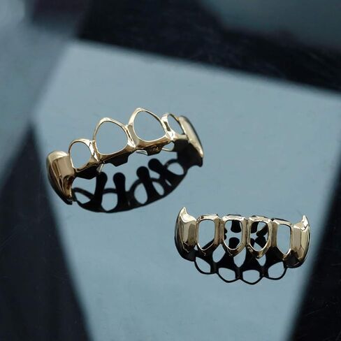 Open Face Grillz Teeth 24k Gold Grillz Plated Caps New Custom Fit Top & Bottom Grill Set for Kids + Extra Molding Bars + Microfiber Cloth in Kuwait