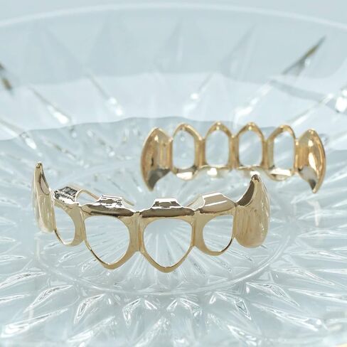 Open Face Grillz Teeth 24k Gold Grillz Plated Caps New Custom Fit Top & Bottom Grill Set for Kids + Extra Molding Bars + Microfiber Cloth in Kuwait