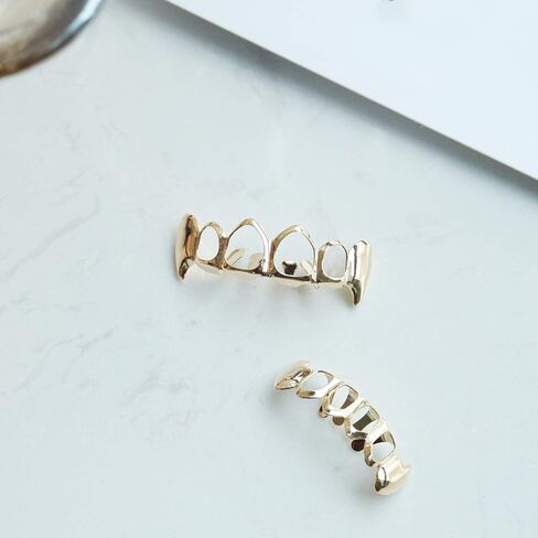 Open Face Grillz Teeth 24k Gold Grillz Plated Caps New Custom Fit Top & Bottom Grill Set for Kids + Extra Molding Bars + Microfiber Cloth in Kuwait