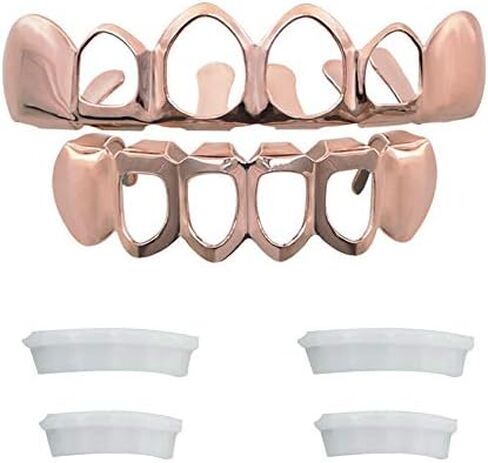 Open Face Grillz Teeth 24k Gold Grillz Plated Caps New Custom Fit Top & Bottom Grill Set for Kids + Extra Molding Bars + Microfiber Cloth in Kuwait