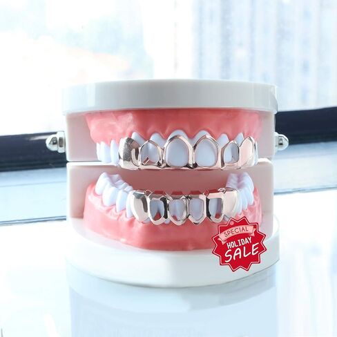 Open Face Grillz Teeth 24k Gold Grillz Plated Caps New Custom Fit Top & Bottom Grill Set for Kids + Extra Molding Bars + Microfiber Cloth in Kuwait